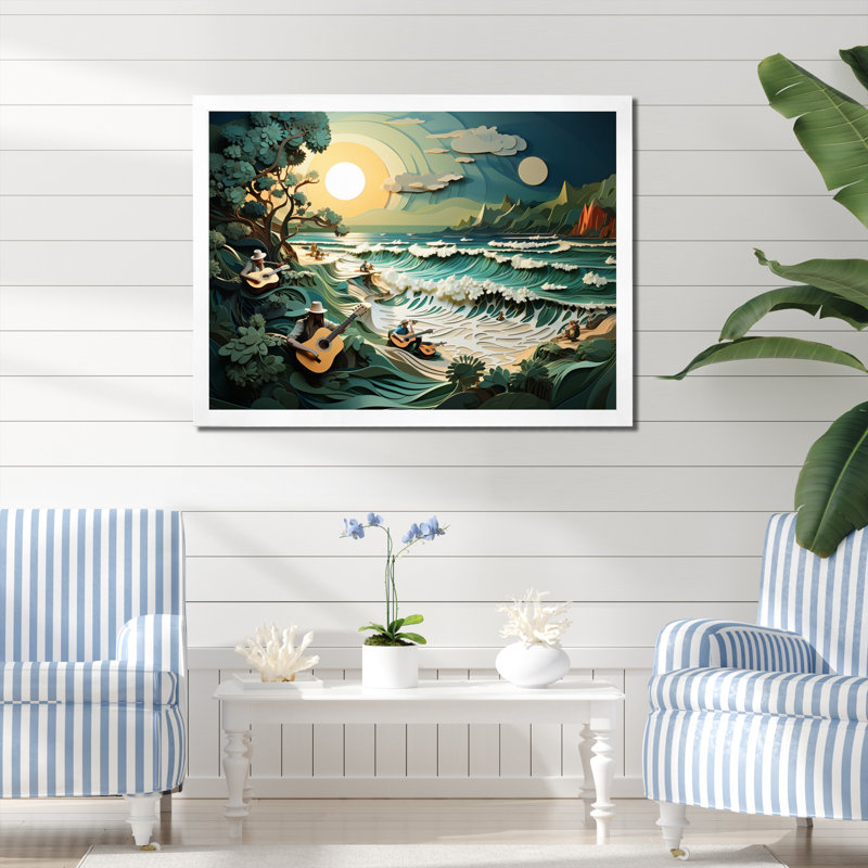 Coastal Harmony Papercut II - Reproduction d'art nautique et plage, Cadre naturel flottant, H 30 po x l 40 po x P 1,5 po