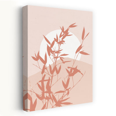 Coucher de soleil serein sur un paysage de bambous abstrait et contemporain minimaliste, une œuvre d'art murale représentant la nature