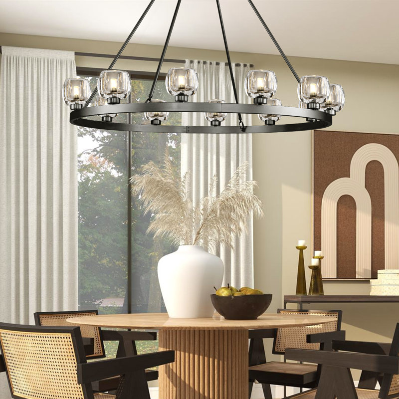 Grand lustre 12 roues de 48 po avec verre transparent, Noir mat