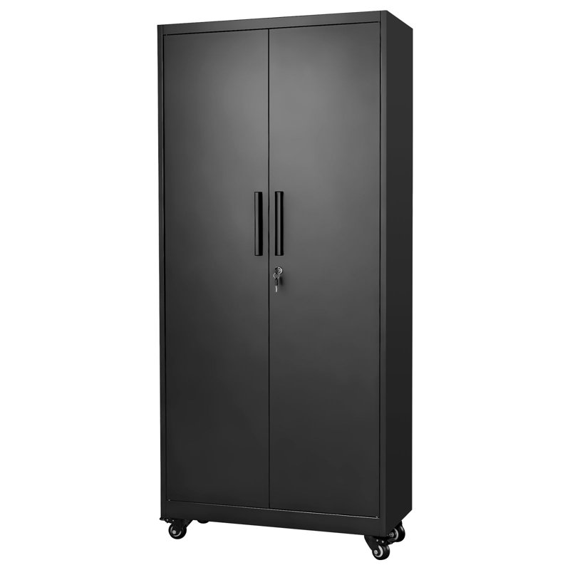 Metal Storage Cabinet, 70.6 in Rolling Steel Garage Cabinet with Adjustable Shelves, 2 Magnetic Doors, Hanging Rod & 3 Rod Hooks, 5 Tiers Lockable Tool Storage for Pantry, Warehouse, Basement