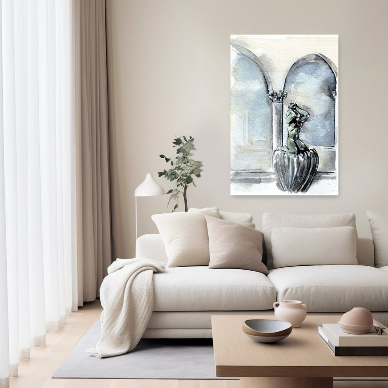 Classical Fountain Figure Elegant Serene Traditional Architecture Wall Art Print by Helena Engstrom - Wrapped Canvas Print