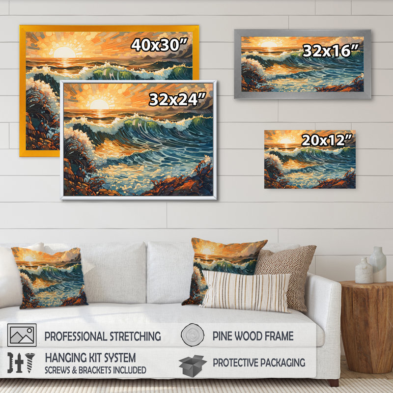 Impression sur toile Bright Sun Majestic Waves I, Cadre photo noir, H 12 po x l 20 po x P 1 po