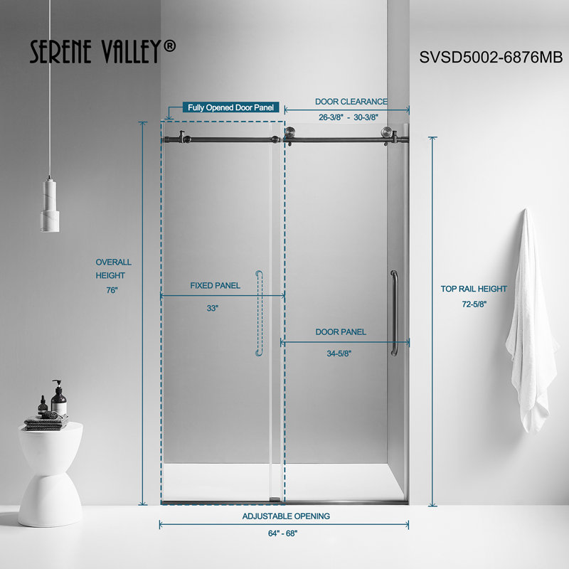 - W x 76'' H Single Added Door Frameless Shower Door with, Black