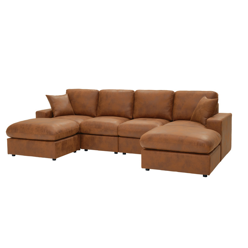 Canapé modulaire rembourré à chaud en tissu avec deux repose-pieds, Similicuir brun