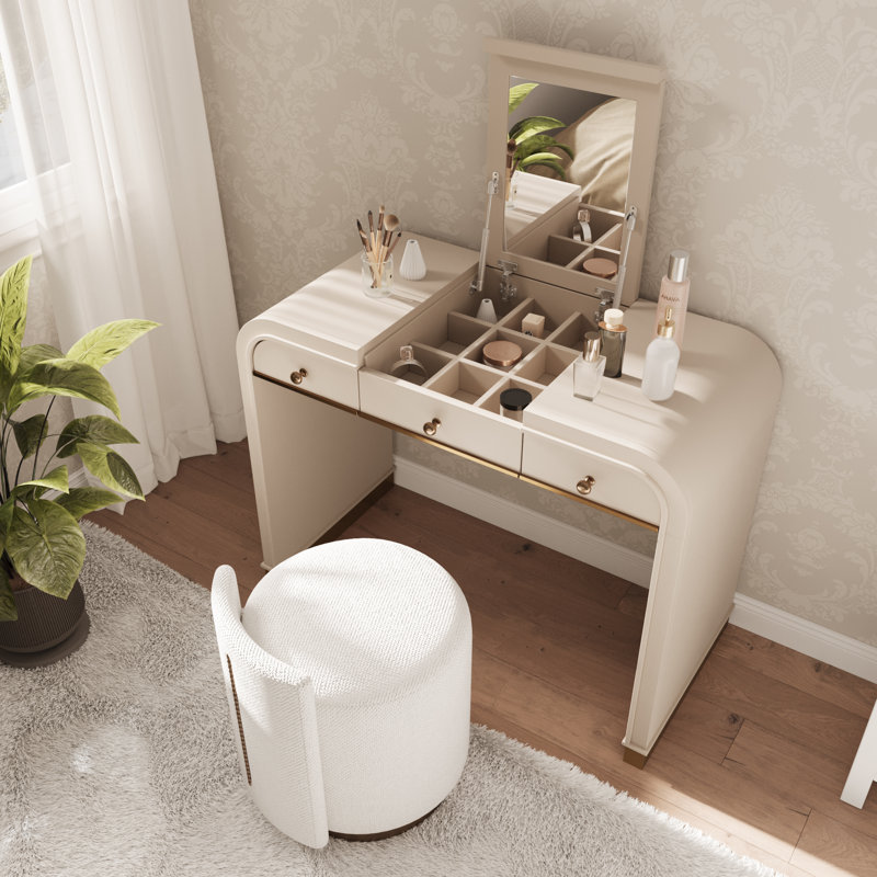 Classic Makeup Vanity With Flip Mirror And 2 Drawers,Makeup Desk With Hidden Storage Space, Champagne