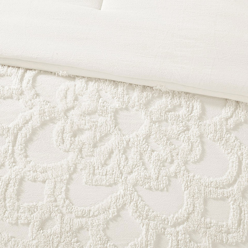 3 édredon avec médaillon en chenille de coton po, Off White, King Comforter + 2 King Shams