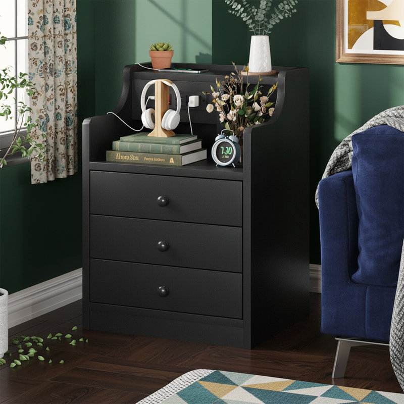17.7'' W White Nightstand - Charging Station, Hutch Top, 3 Storage Drawers - Modern Design, Black