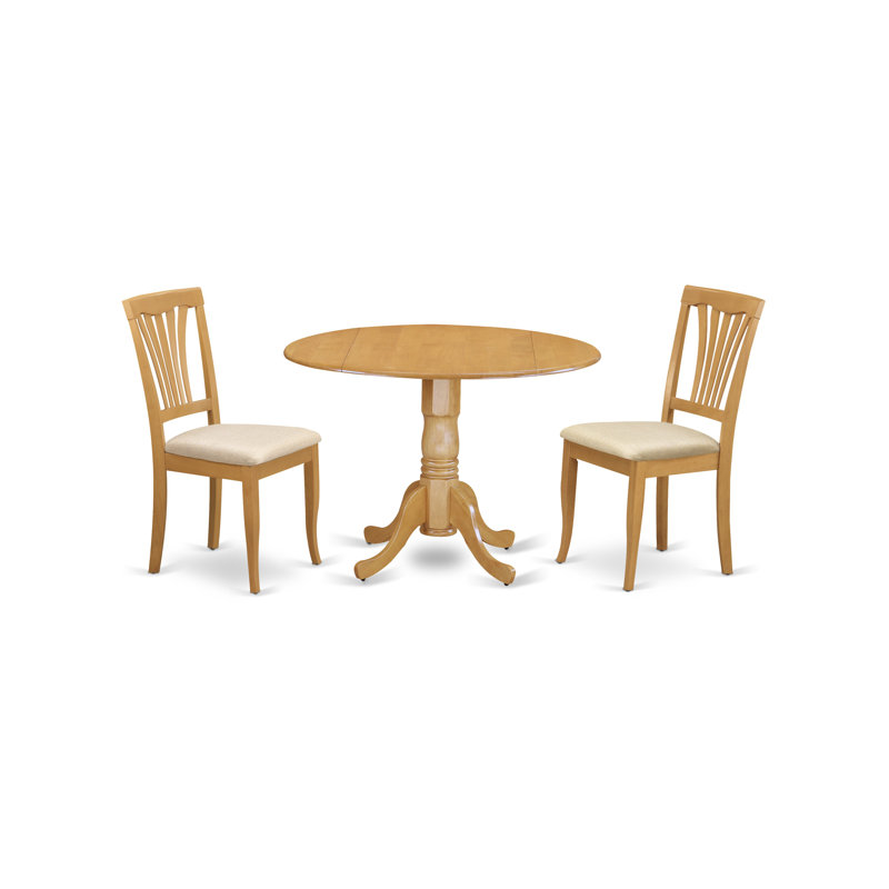 3 Piece Dining Set Contains a Round Dining Table with Dropleaf and 2 Linen Fabric Kitchen Room Chairs, 42x42 Inch, Oak
