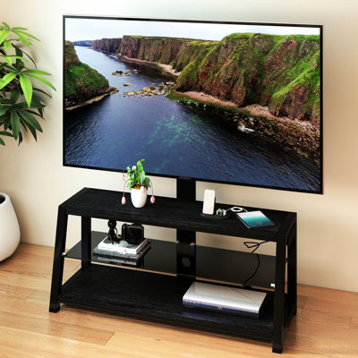Verre trempé noir, meuble télé, pivotant, hauteur réglable, tablettes à 3 niveaux, rangement pour médias, téléviseurs de 32 po et 65 po, capacité de 180 lb, charge, hauteur de gestion des fils réglable,