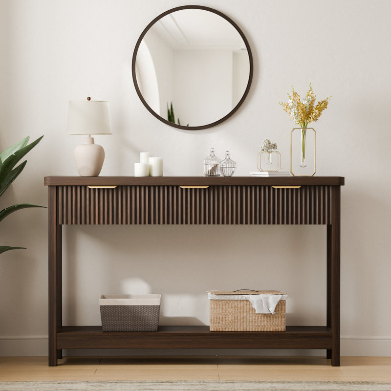 51-Inch Modern Water Ripple Console Table With 3 Wooden Drawers, Slim Entryway & Behind Sofa Table For Living Room, Hallway & Foyer, Farmhouse Accent