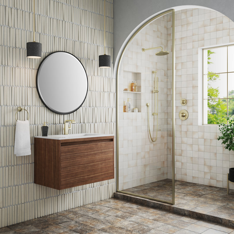 Mantova 31.5'' W Single Vanity, Charcoal Black, Mid Century Walnut/Champagne Brass