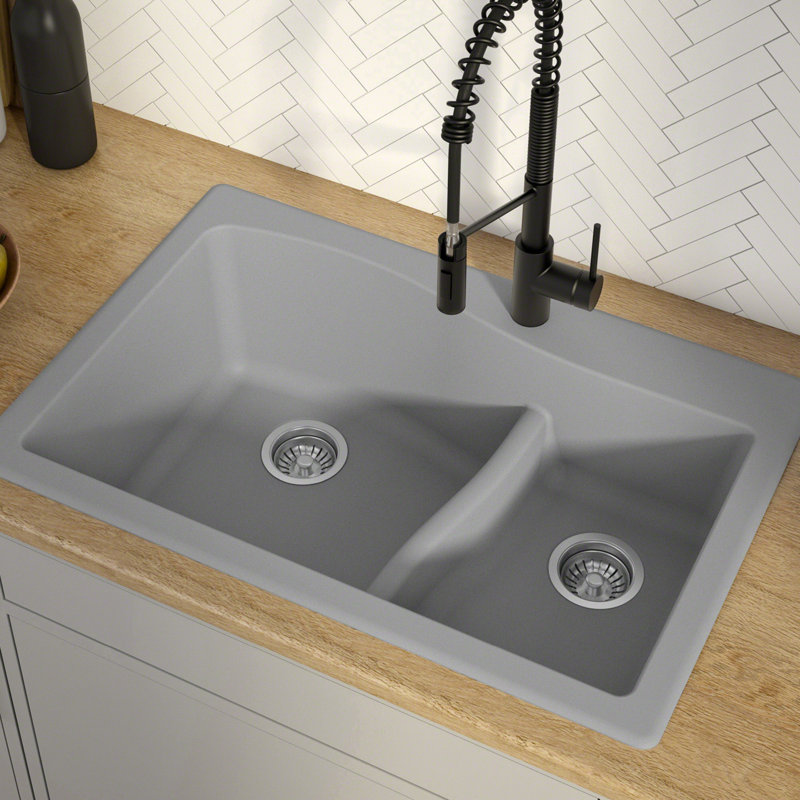 KRAUS Dual Mount Bowl Granite Kitchen Sink w/ Top Mount and Undermount Installation, White, 60/40 Double Bowl