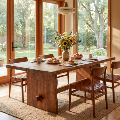 63" Solid Wood Dining Table, Live Edge Rectangular Kitchen Table with Sturdy Panel Legs, Large Farmhouse Dinner Table for 4-6 People for Dining Room