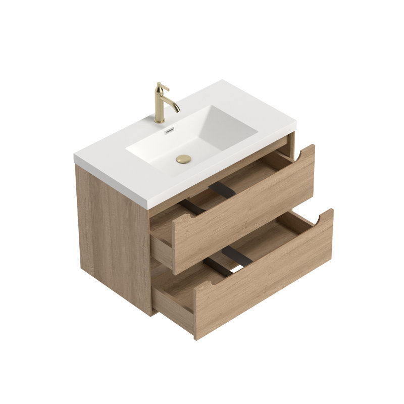 Meuble-lavabo simple mural moderne de 91 cm (36 po) au fini chêne naturel et lavabo intégrée., 36