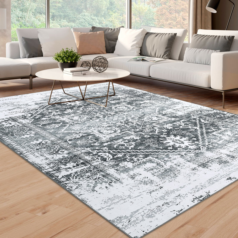 Tapis lavable à motif de médaillon traditionnel à motif floral lavable, Rectangle 9 pi x 12 pi