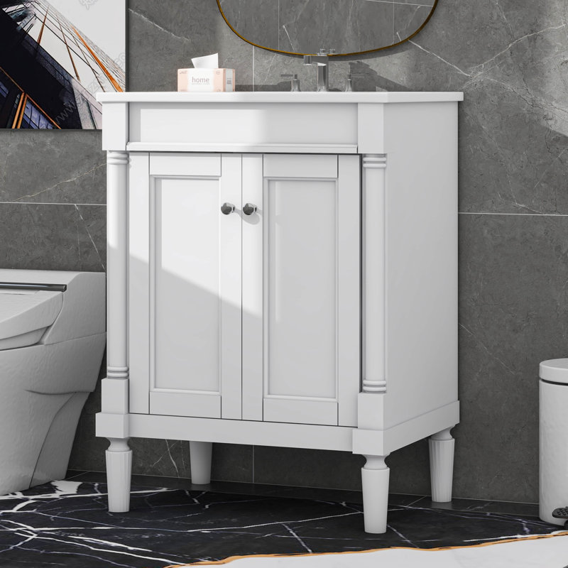 Meuble-lavabo 24 po avec lavabo, petit meuble-lavabo de salle d'eau avec cabinet 2 portes, Blanc, Argent argent