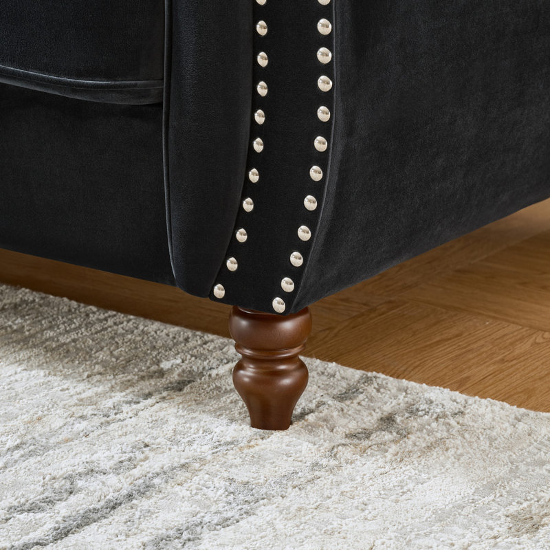 Canapé de 87 po en tissu d'ameublement Chesterfield ‌velvet, Noir