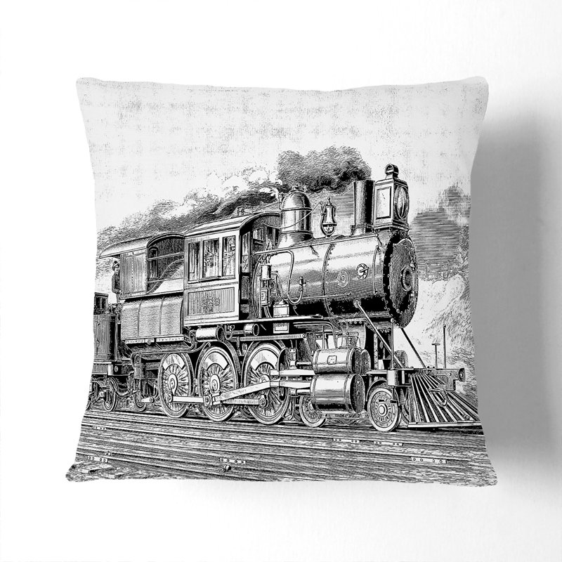 Locomotive Illustration in Black and White Cushion with Filling, 40cm H x 40cm W x 15cm D, Stone