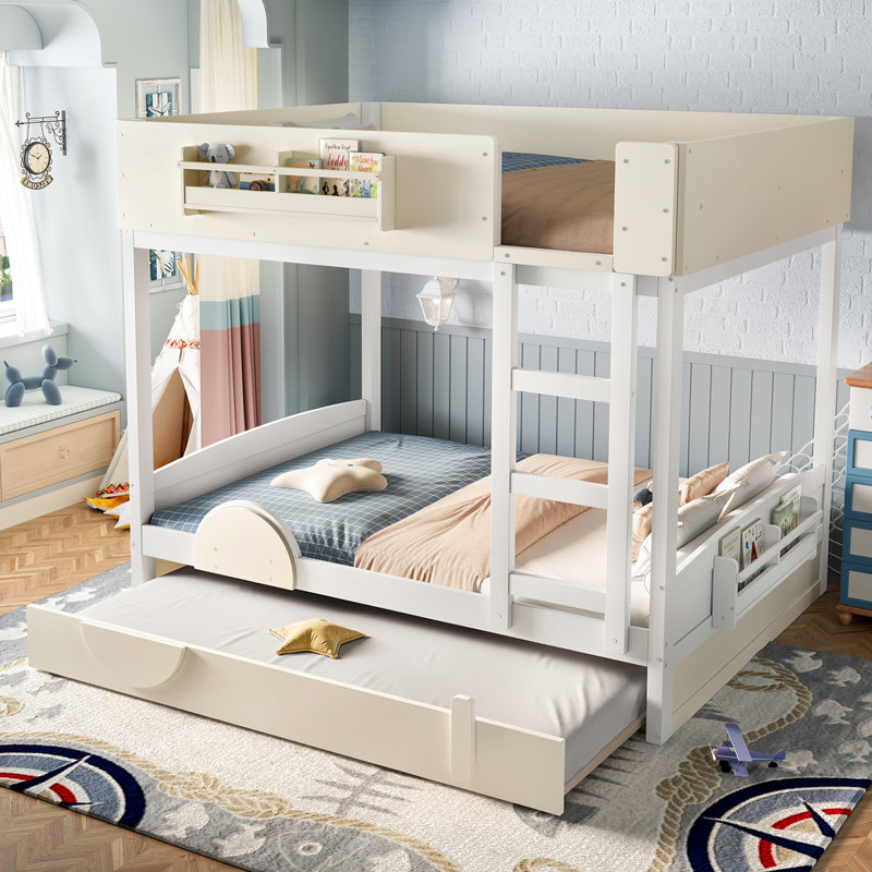 Beige White MDF+Pine+Plywood Full Bunk Bed with Trundle, Bookshelf, Car Design, Beige/White, Full
