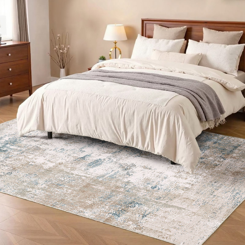 Tapis Elroy moderne abstrait lavable à la machine avec envers en caoutchouc antidérapant, Bleu beige, Rectangle 6 pi x 9 pi