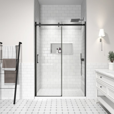 46-48" W x 74" H Frameless Sliding Shower Door, Glass Shower Door with 5/16" (8mm) Clear SGCC Tempered Glass, Matte Black Finish Shower Doors, Easy-Clean Coating