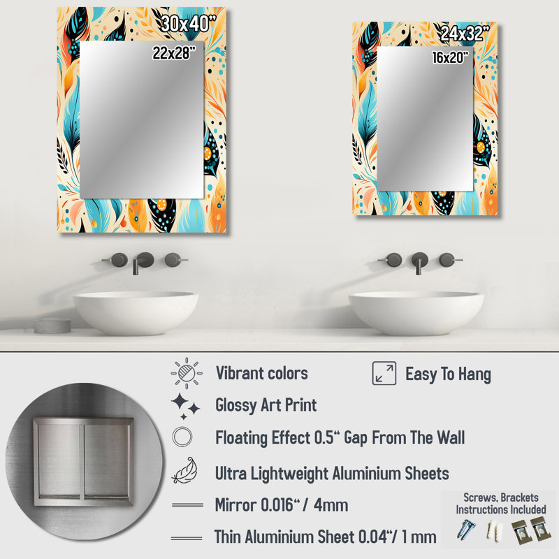 Jaune et bleu éclectique plume de Boho - miroir mural unique boho, 32 po x 24 po