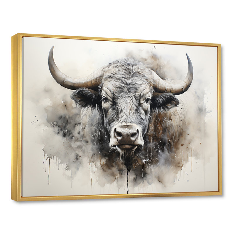 Tête de bison minimaliste sur toile, H 16 po x l 32 po x P 1 po, Cadre flottant doré