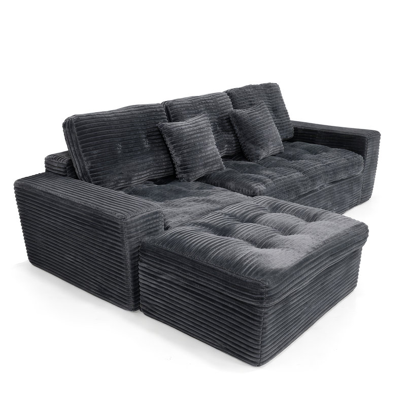 Ensemble de canapé modulaire Cloud, canapé modulaire de 105 po avec repose-pieds, mousse pure, velours en fausse fourrure de lapin, canapé de salon confortable bleu gris