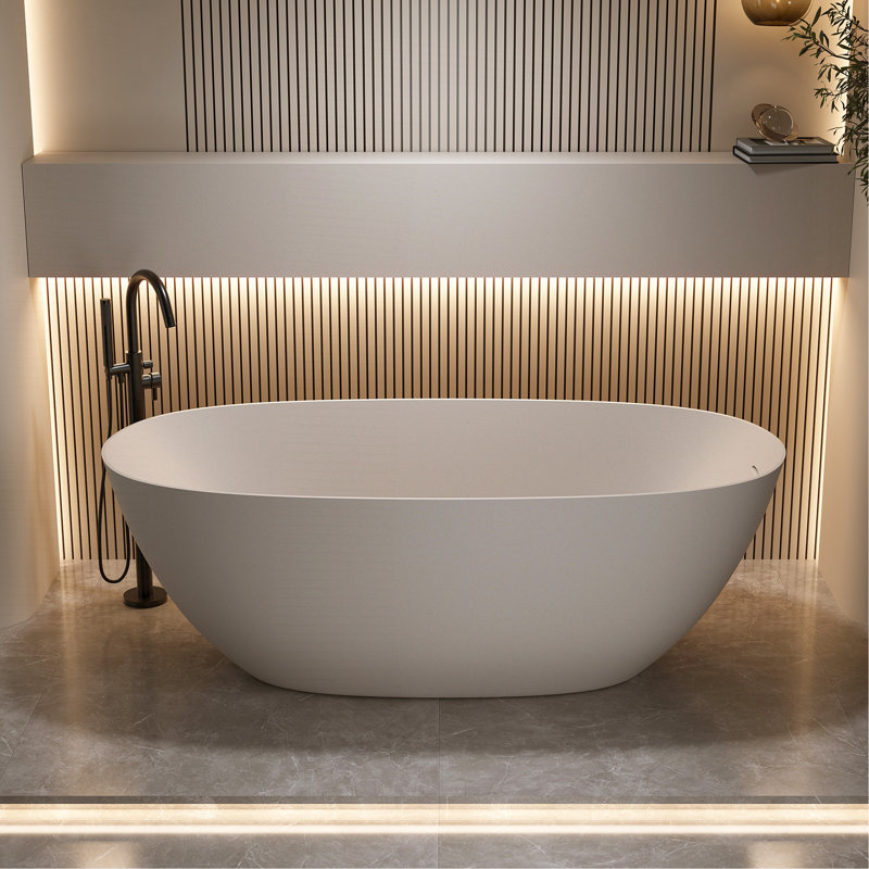 Baignoire de trempage autoportante en résine 69 po à surface solide avec trop-plein et bonde escamotable 69 po, Beige
