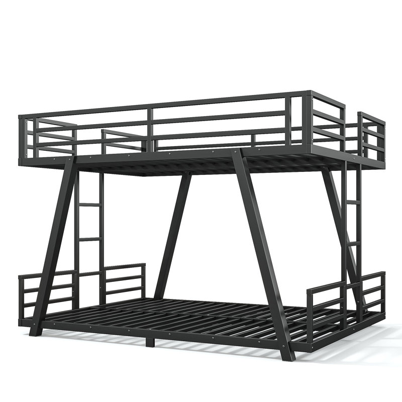 Lit superposé grand avec 2 échelles latérales, lit superposé en métal avec pieds de support spéciaux, lit superposé à profil bas, noir