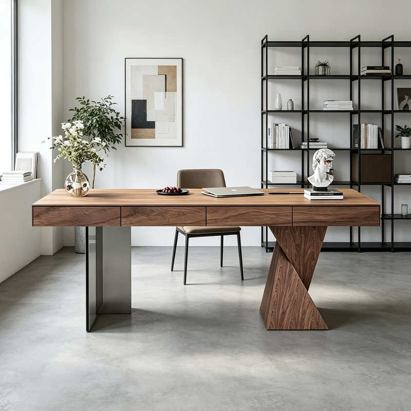 Bureau moderne en placage de noyer de 180 cm de large avec tiroirs et multiprise intégrée, bureau d'ordinateur avec plateau en acrylique et pieds en bois courbés, idéal pour un bureau ou une chambre.