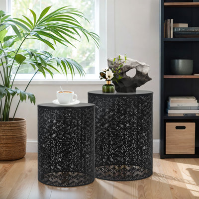Hollow-Carved Round Metal End Tables Set