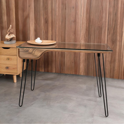 Bureau d'écriture classique en bois brun et en verre trempé avec tablette ouverte, style Mid-Century moderne, espace de travail compact de 44,5 pouces