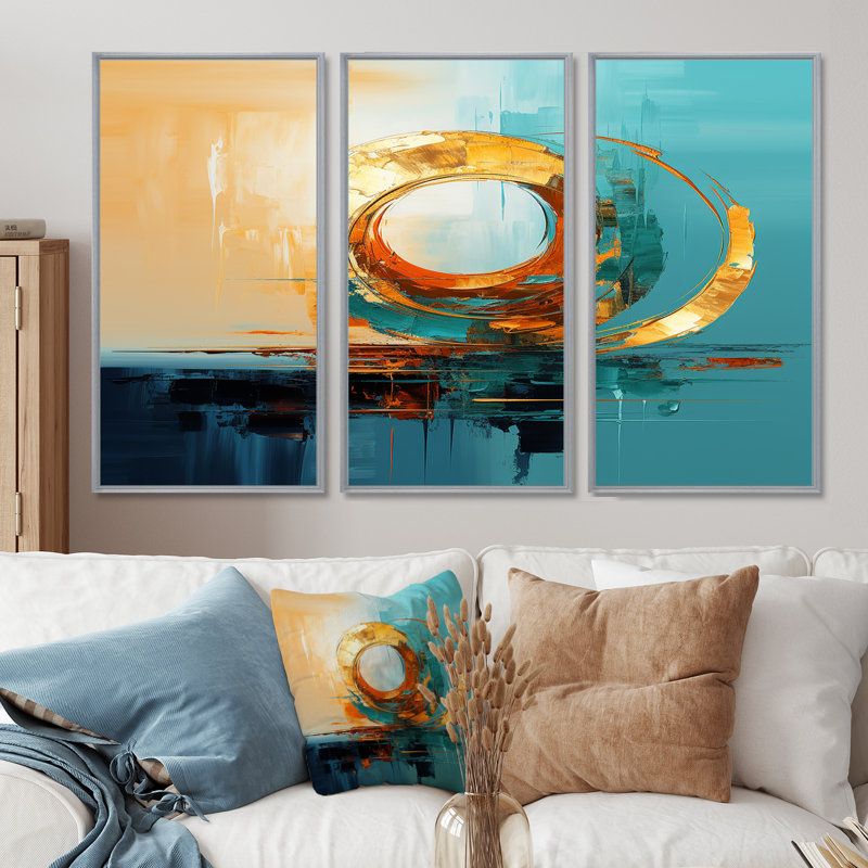 Golden Horizon - ensemble d'art mural abstrait, Encadrement argenté, H 40 po x l 60 po x P 1 po