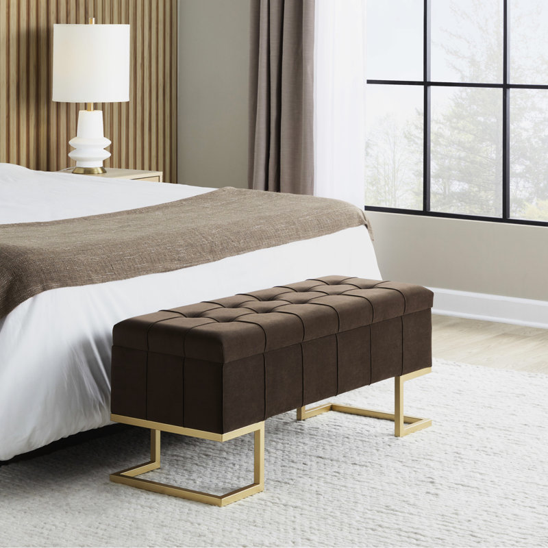 Moderne, doré, velours brun, banc de rangement, conception à boutons, pieds en métal doré, couvercle rabattable, deux places confortablement, utilisation à l'intérieur, banc moderne en velours avec limite de 500 lb avec option de siège double, seulement,
