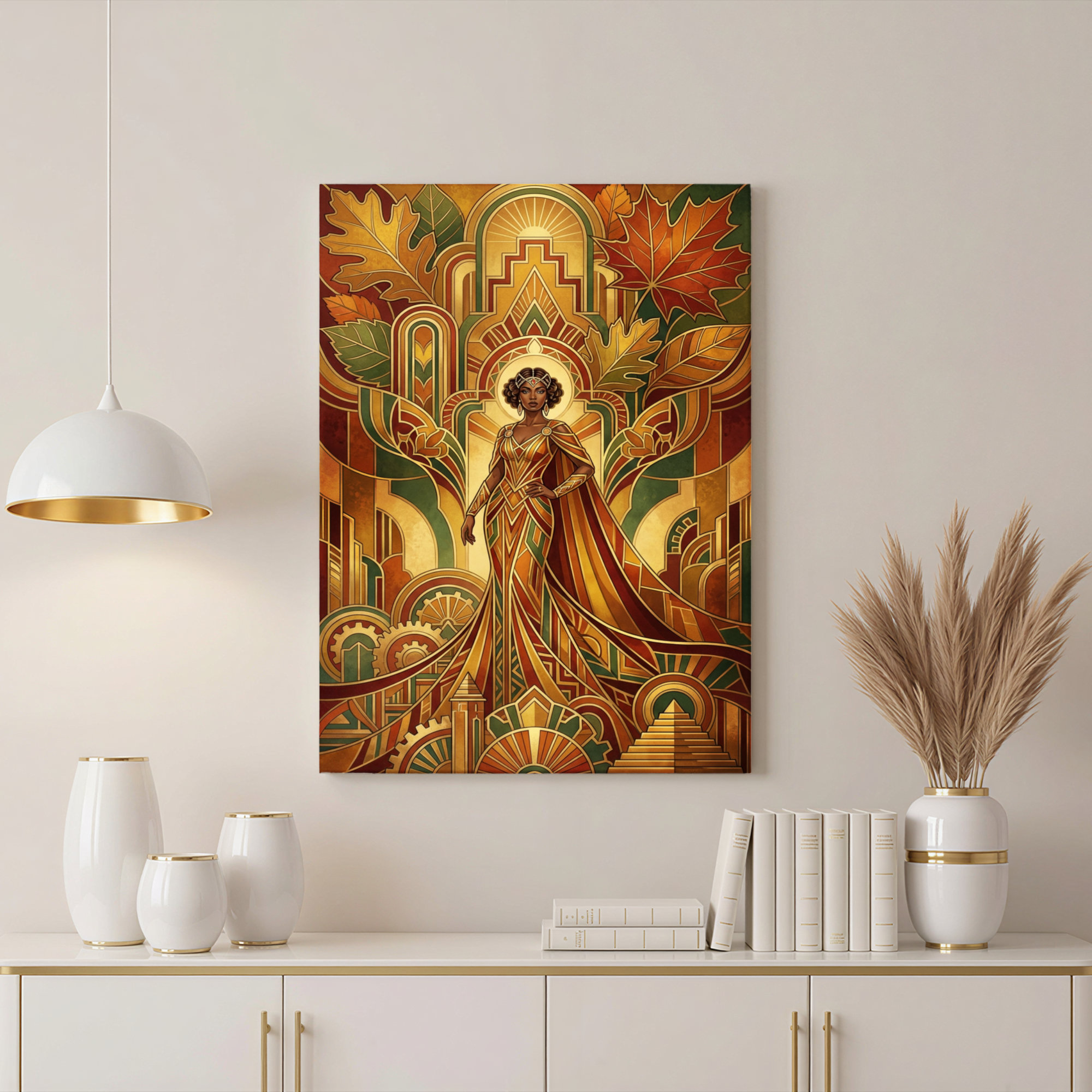 Mercer41 Art Deco Woman With Autumn Leaves Canvas Wrapped Wall Art Oil ...
