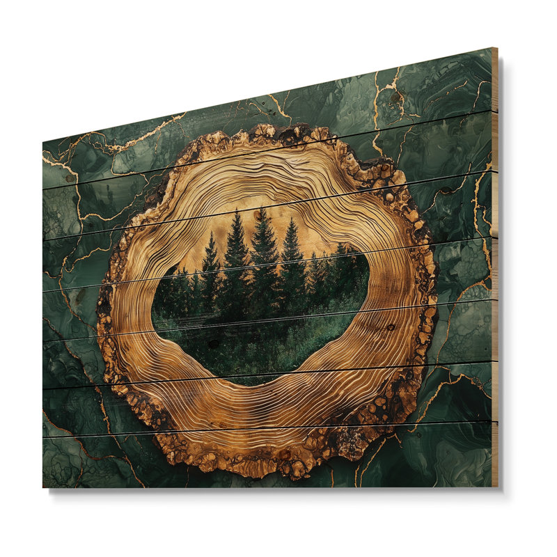 Forêt de pins sur un horizon émeraude - impression sur bois de forêt - sur bois de pin naturel, H 34 po x l 44 po x P 0,78 po