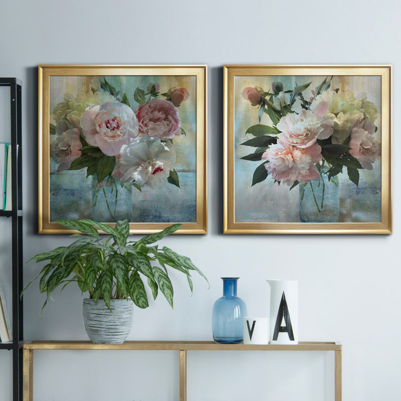 «Peony Bouquet I», reproduction de cadre photo sur toile 2 pièces, Or, H 26,5 po x l 53 po x P 1,5 po
