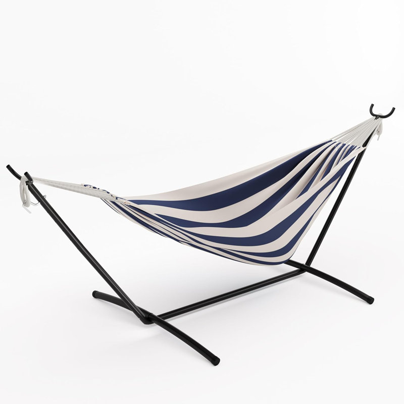 Hamac double pour 2 personnes avec support en acier, lit en coton 450 lb bleu blanc, Blanc / Marine