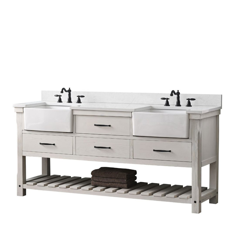Meuble-lavabo double 72 po avec plateau en pierre d'ingénierie Curiel, Blanc délavé / noir mat