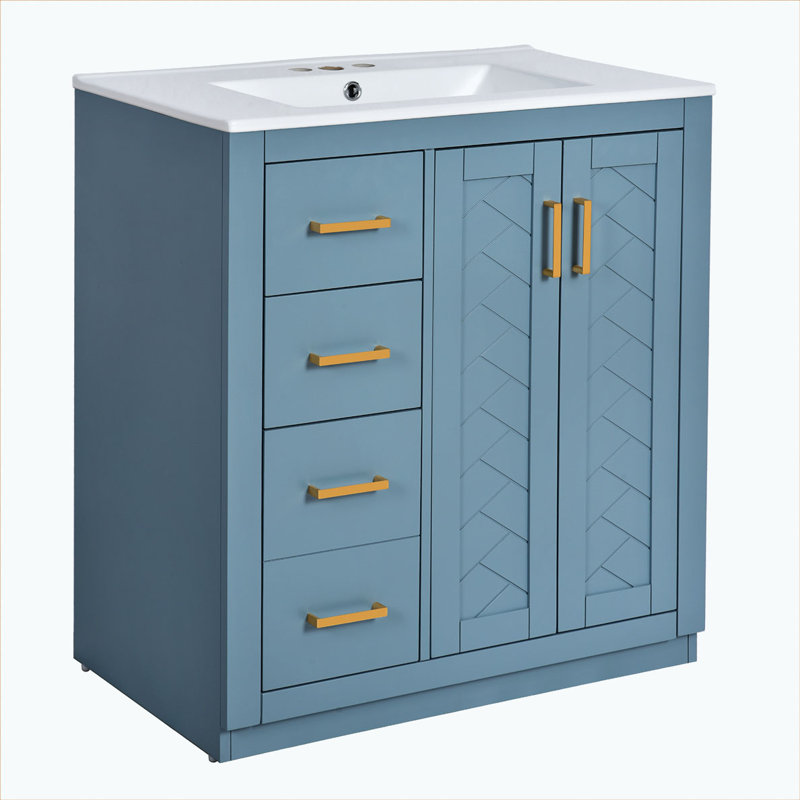Bathroom Vanity with Ceramic Sink with 3 Drawers& Soft Closing Doors, Indigo