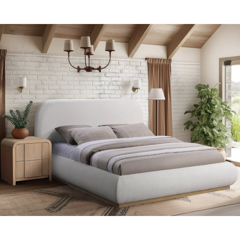 Humayrah Upholstered Panel Bed, Queen, Cream Chenille Fabric / Stained Natural