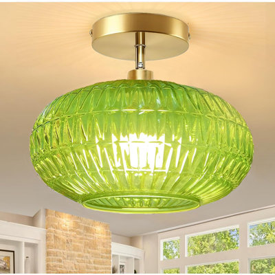 Semi Flush Mount Ceiling Light Fixture,Gold Light Fixture,Sloped Ceiling Lights with Green Glass Shade,Vintage Hallway Light Fixtures,Hanging Kitchen Ceiling Lighting for Bathroom Entryway Bedroom