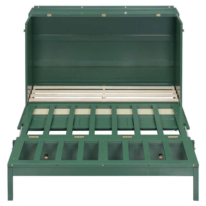Lit escamotable avec grands tiroirs, style classique, rotin et rangement., Vert