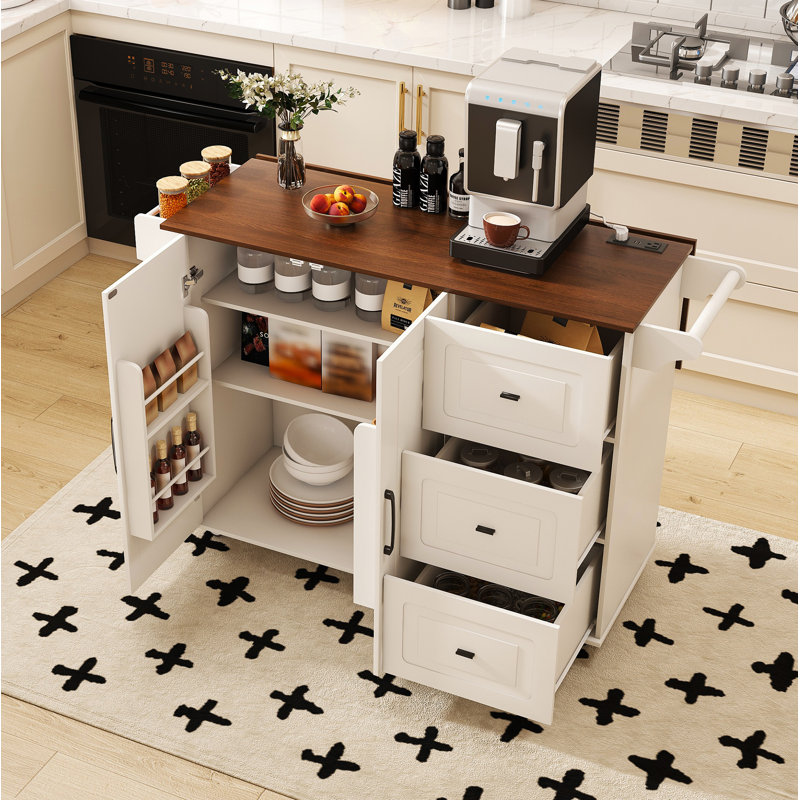 Chariot d'îlot de cuisine blanc avec plateau pliable et abattant - barre de petit-déjeuner mobile sur roulettes avec plateau en bois et rangement