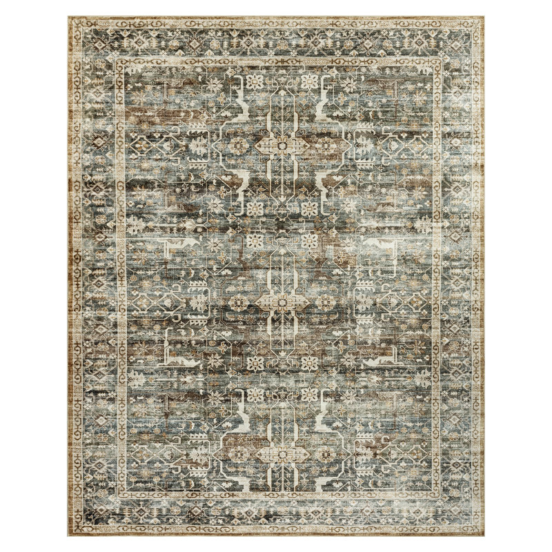 Machine Washable Vintage Oriental Area Rug Non-Slip Backing Brown/Gray/Beige Indoor Carpet for Living Room, Bedroom, Hallway Runner