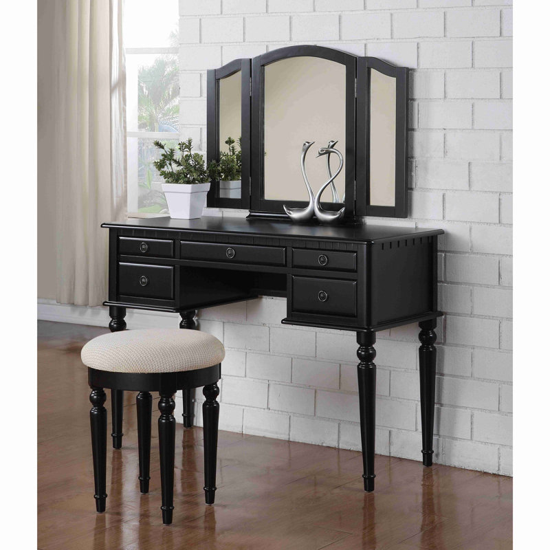 Bedroom Contemporary Vanity Set W Foldable Mirror Stool Drawers, Black