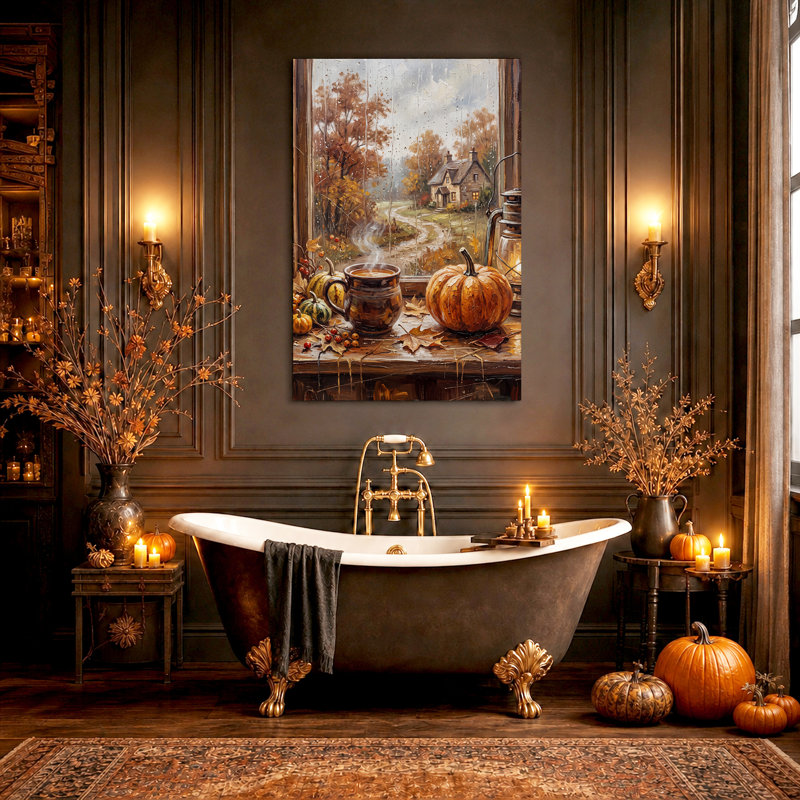 Tasse fumante et citrouille sur le rebord d'une fenêtre pluvieux - Toile murale d'Halloween, 24"H x 18"W