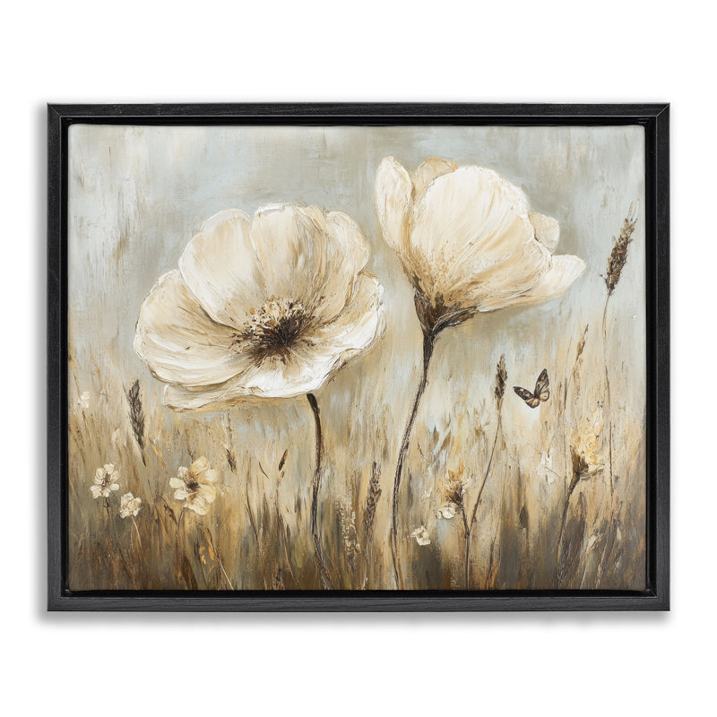 Cadre flottant blanc pré de fleurs sauvages, design par Petal Prints Design, Cadre flottant noir de jais, H 17 po x l 21 po