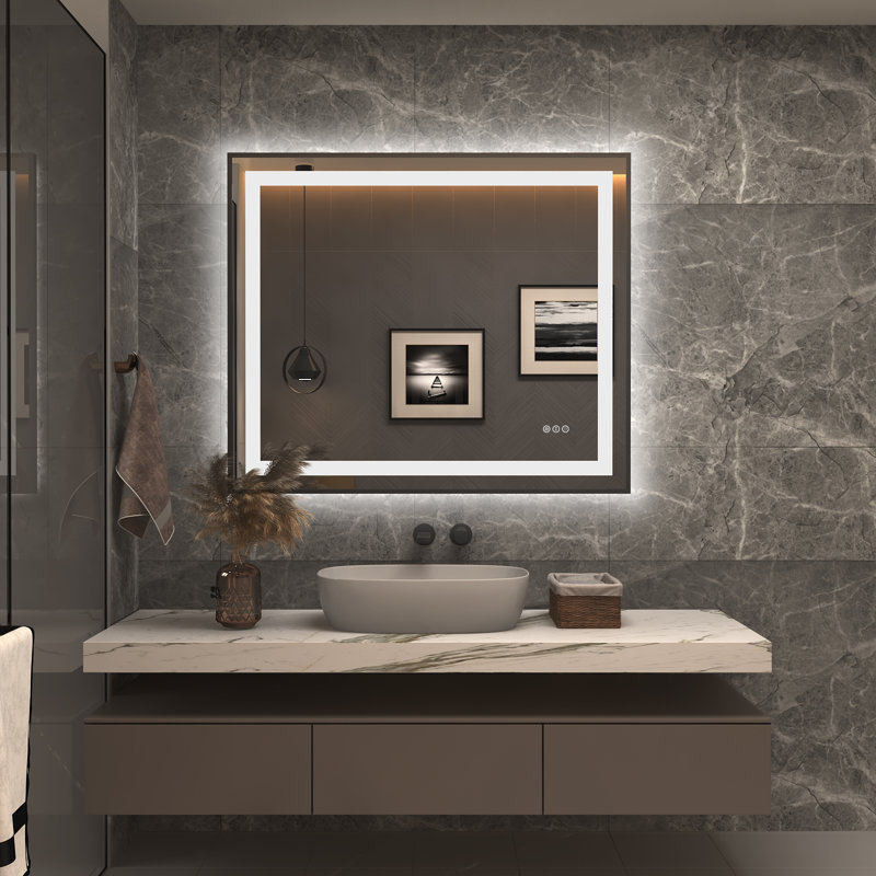 Matte Black LED Lighted Anti-Fog Tempered Glass Vanity Mirror 36" x 30"